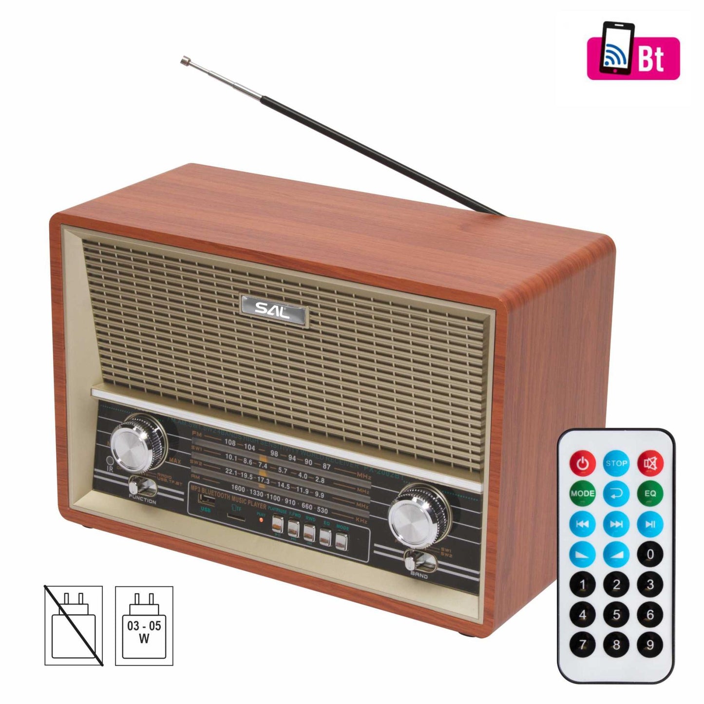 SAL RRT 4B retro asztali rádió, multimédia lejátszó, BT, USB/MicroSD, AUX, Rádió, EQ, ~16 óra üzemidő