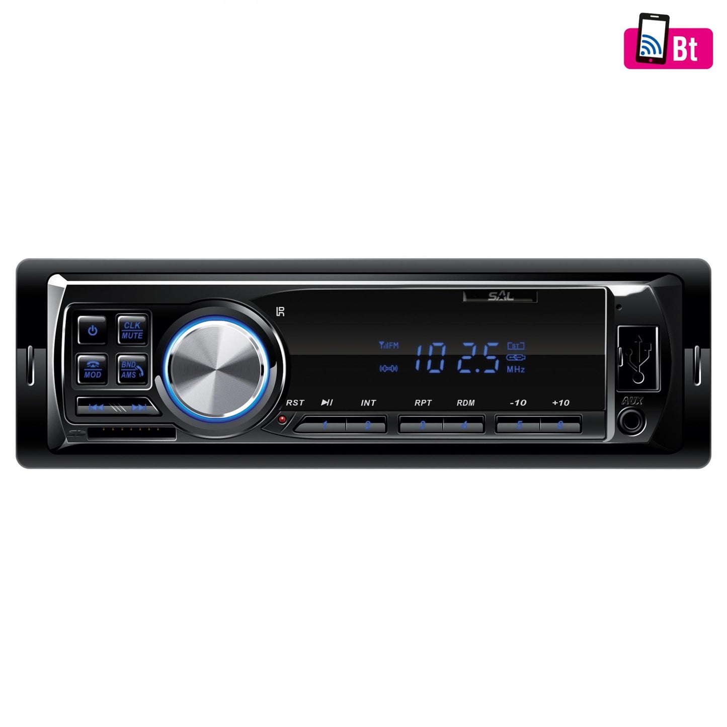 SAL VBT 1100/BL smart autórádió, 4 x 45 W, 4 RCA, FM, BT, USB, SD, AUX, kék LED kijelző és gombok, Android/iOS App