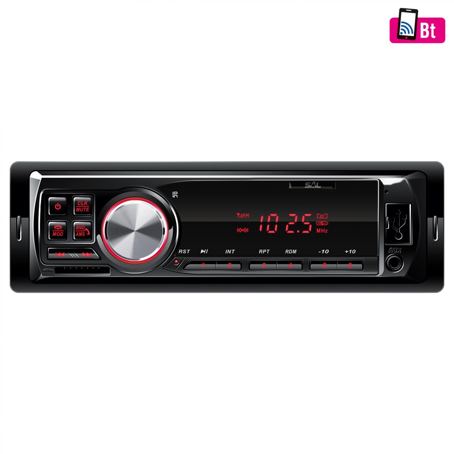 SAL VBT 1100/RD smart autórádió, 4 x 45 W, 4 RCA, FM, BT, USB, SD, AUX, kék LED kijelző és gombok, Android/iOS App