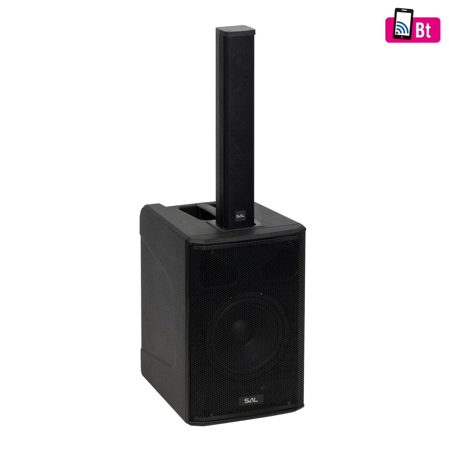 SAL PAS8W42S professzionális oszlopsugárzó hangrendszer, max. 600 W, 20cm mélysugárzó, 4x2” szélessávú szatellit hangszóró, aktív zenekari hangdoboz, Bluetooth, állvány