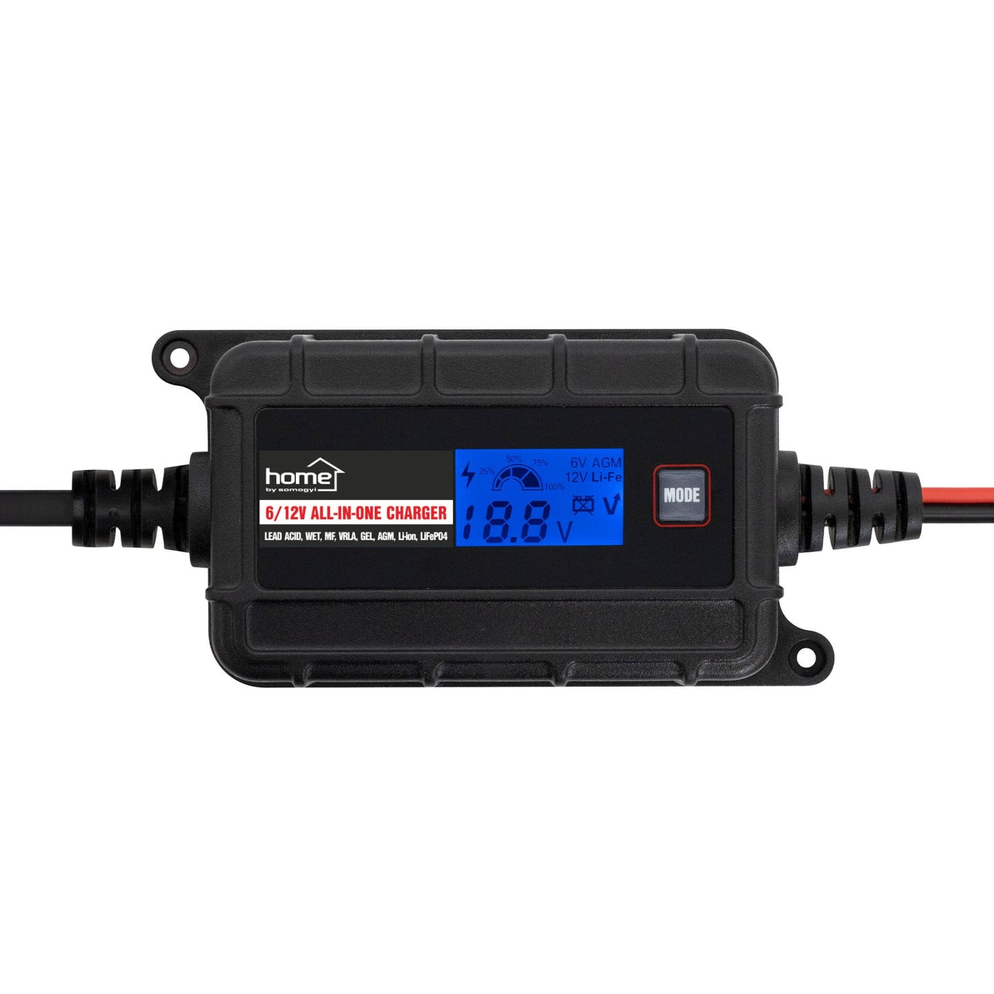 Home SMC20 SMART akkumulátortöltő, 6-12V/2A, LCD kijelző, teljesen automatikus, minden elterjedt akkutípushoz, digitális kijelző, karbantartó töltés, kétféle csatlakozókábel