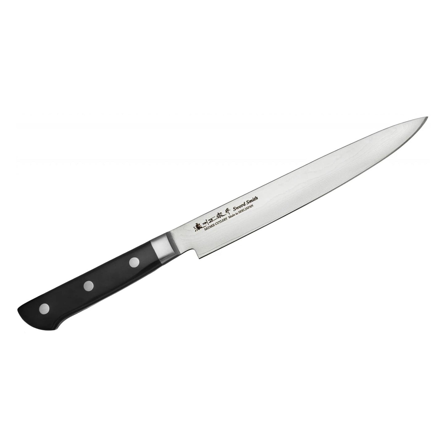 Satake 805-551 Daichi japán damaszk szeletelő kés, 20 cm penge hossz, damaszk acél, pakka fa markolat