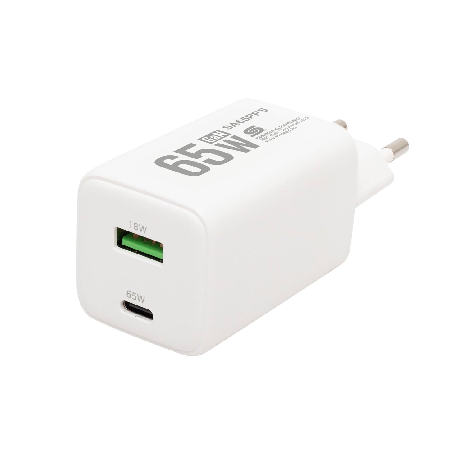 HOME SA65PPS USB hálózati szupergyors töltő, 65Watt, 2in1: USB-A + USB-C aljzat, QC + PD + PPS gyorstöltés, GaN technológia