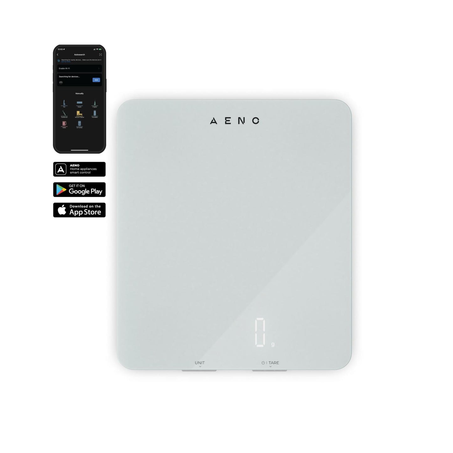 AENO AKS0001S KS1S intelligens konyhai mérleg, max. 8 kg kapacitás, LED kijelző, Bluetooth csatlakozás, edzett üvegfelület