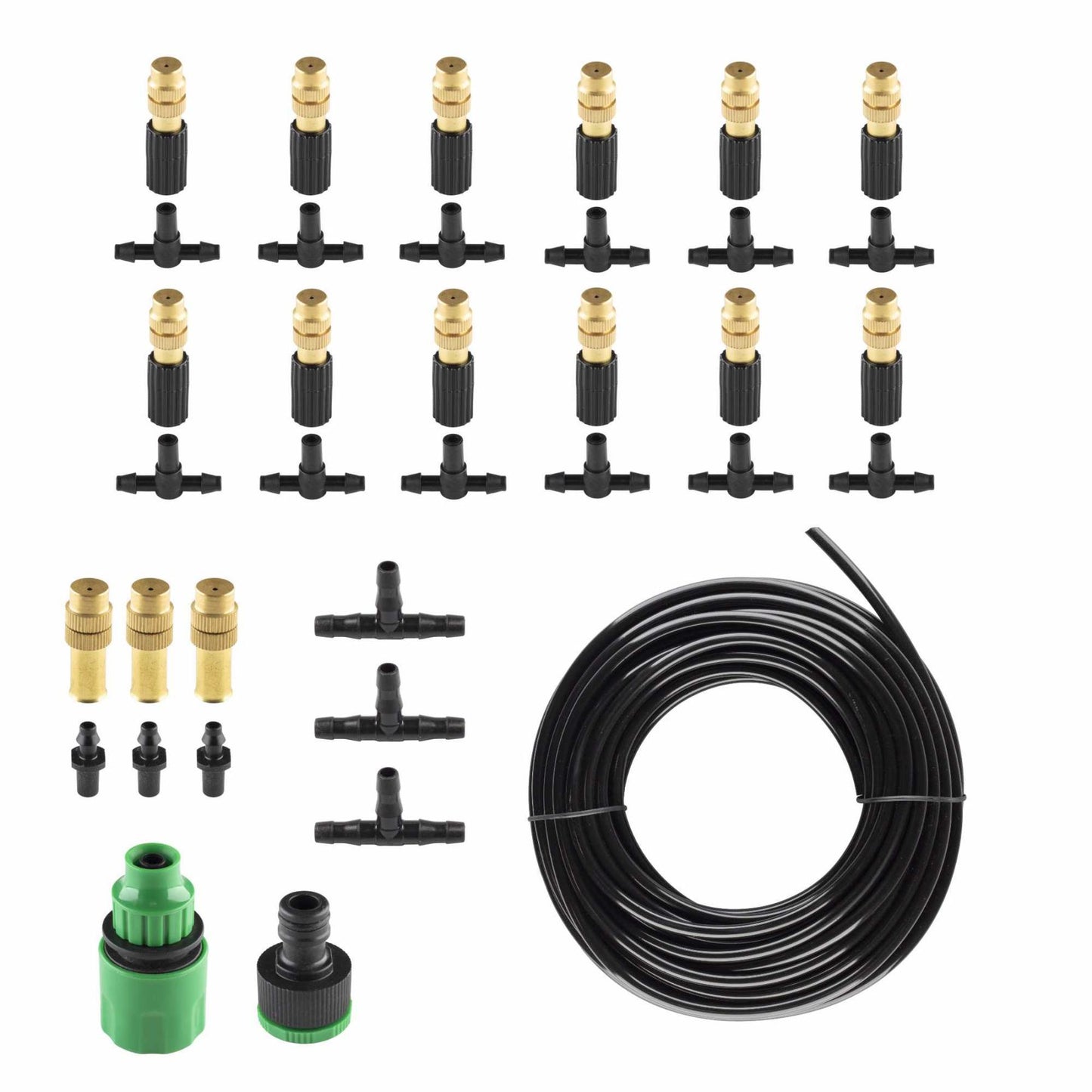 HOME GMS12 kerti párásító-permetező-öntöző készlet, 12 m vágható cső, 15 réz permetezőfej, adapter gyorscsatlakozóval