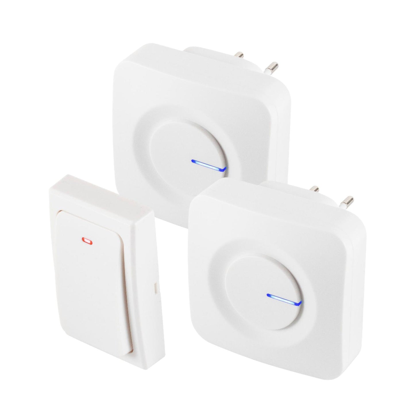 HOME DBKS1001AC vezeték és elem nélküli csengő készlet, 1x nyomógomb + 2x csengő, 100m hatótáv, 36 dallam, szabályozható hangerő, IP44, fényjelzés, kinetikus nyomógomb