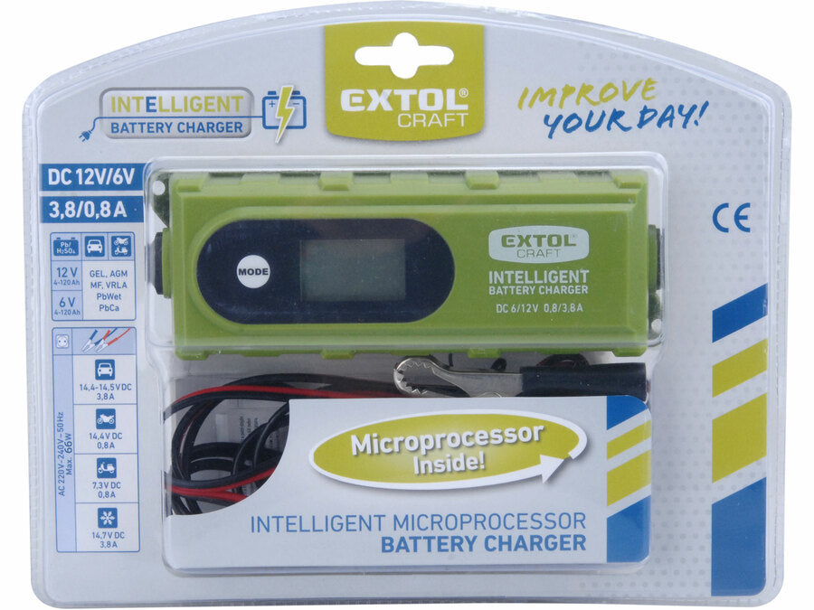 Extol Autós akkutöltő 6 töltési fázisú LCD-vel, mikroporcesszor vezérelt, 6/12V, 3,8A
