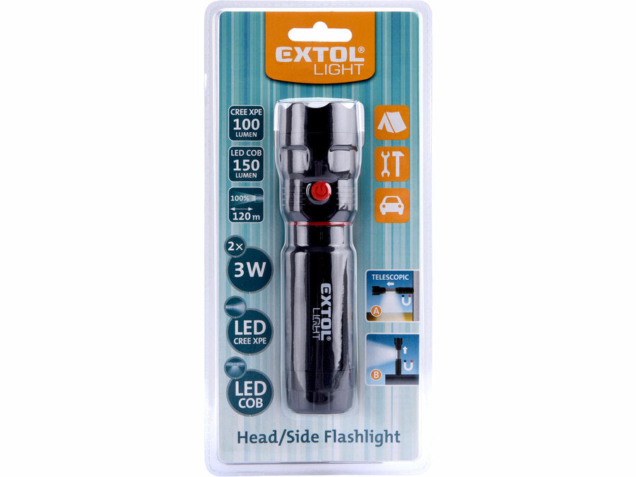 Extol LED lámpa, 3W XPE+3 W COB, 100Lm+150Lm;teleszkópos, 3 funkció