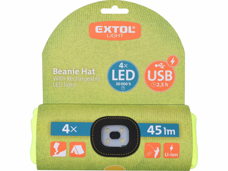 Extol Sapka homloklámpával 45lm, tölthető, USB, fluoreszkáló sárga, univerzális méret