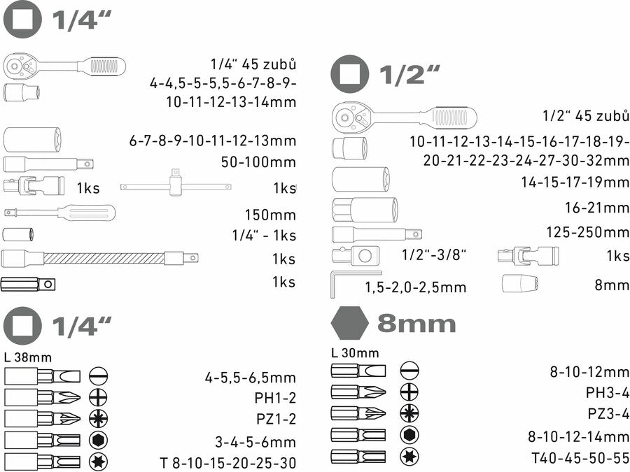 Extol Dugókulcsok, 94db-os készlet, 1/4“, 1/2“ CrV