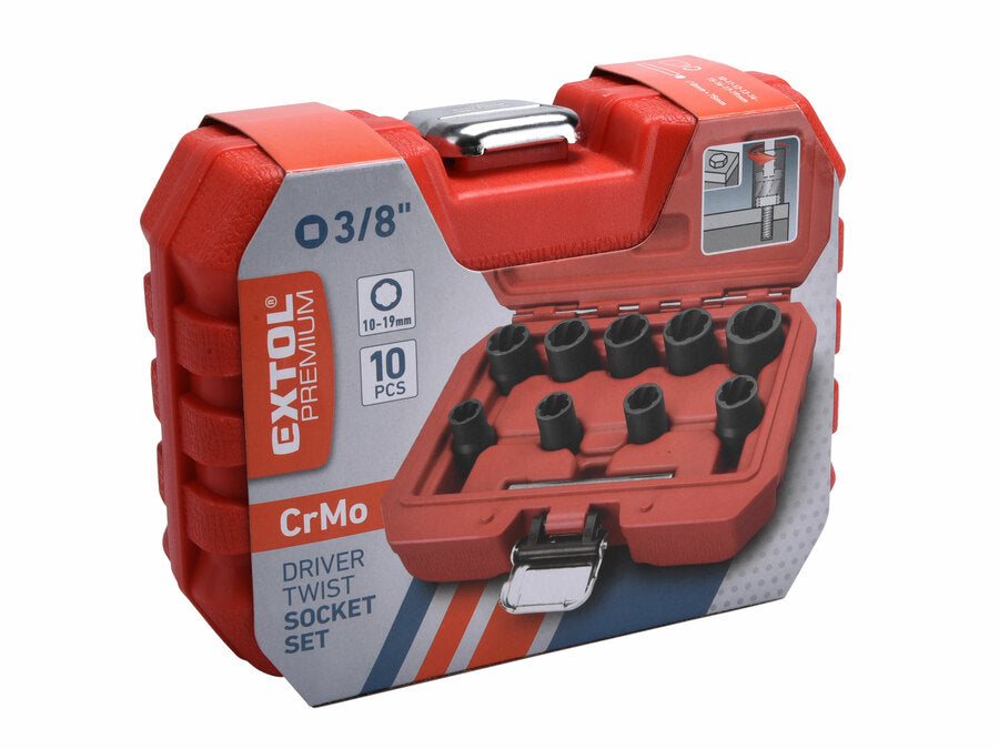 Extol Sérült, törtcsavar kiszedő, 10db-os készlet, 3/8", 10-19mm, CrMo