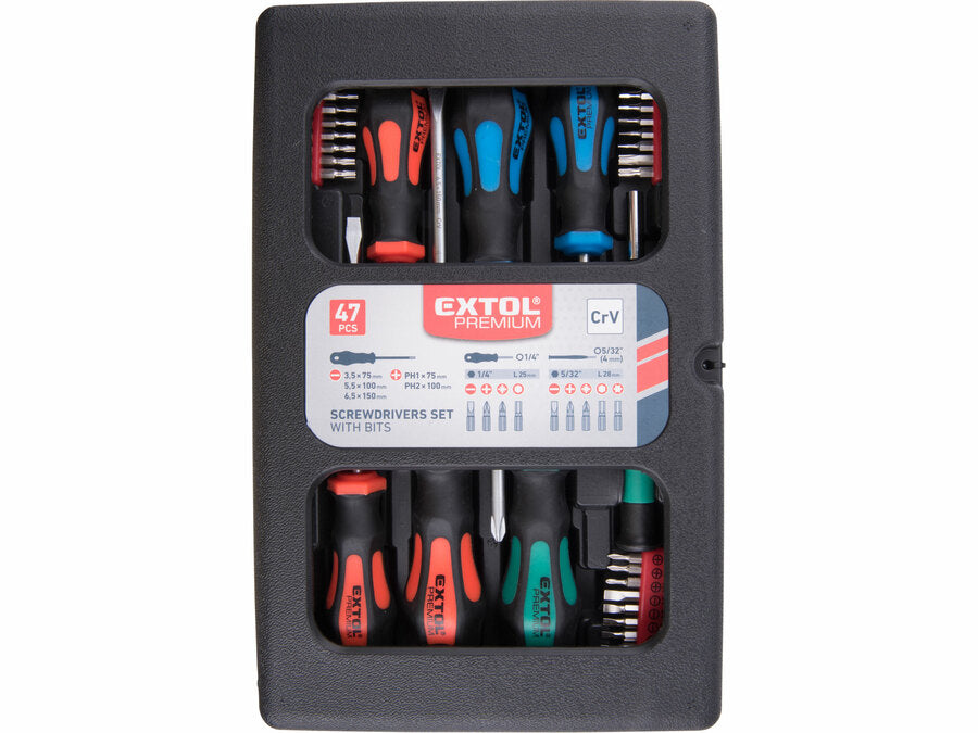 Extol Csavarhúzó és BIT klt., 47 db-os; 1/4"-os bit hegyek és 4 mm-es mini hegyek, CrV