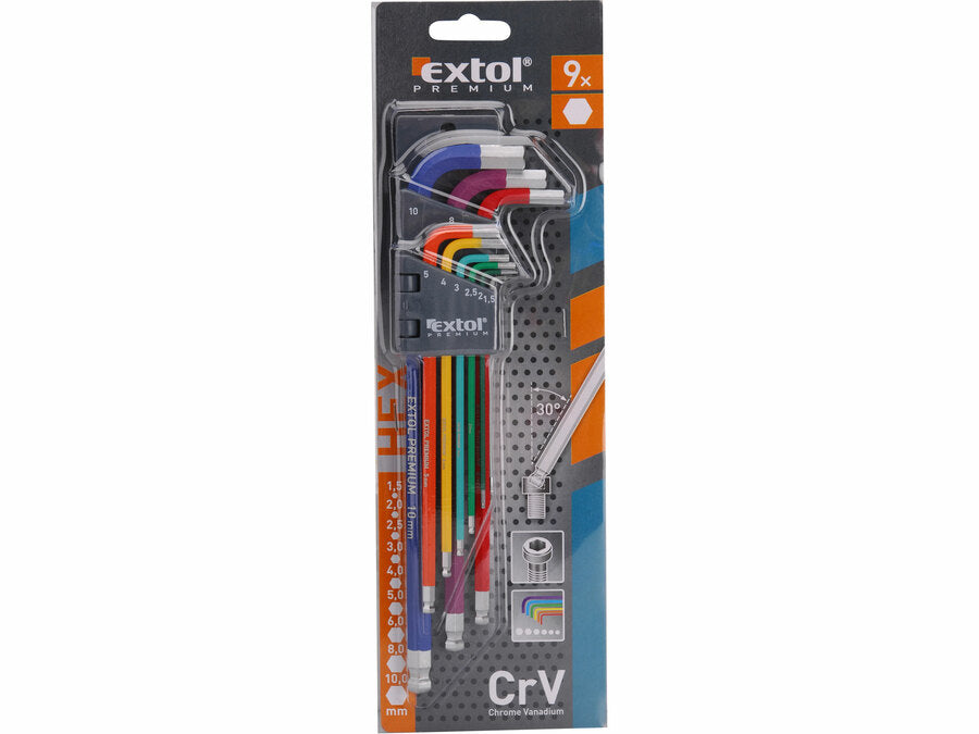 Extol Imbuszkulcs hosszú színes, 9db-os készlet, gömbfelyű, 1,5-10mm
