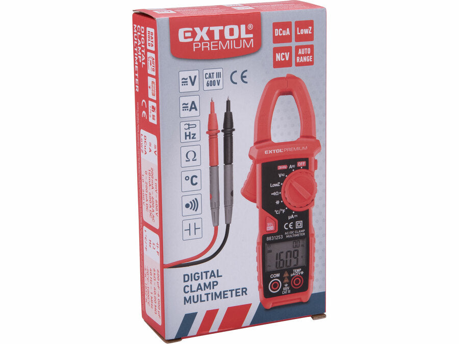 Extol Lakatfogó és digitális multiméter; Amper/Volt/Ohm mérő, True RMS, hangjelző funkcióval, CE, 2 db 1,5V AAA elem