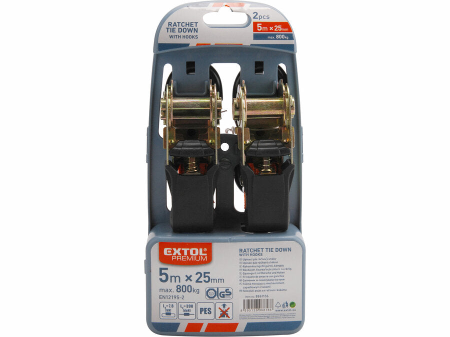 Extol Racsnis rakományrögzítő gurtni kampókkal, 5m x 25mm, 2db-os készlet, max. 800kg