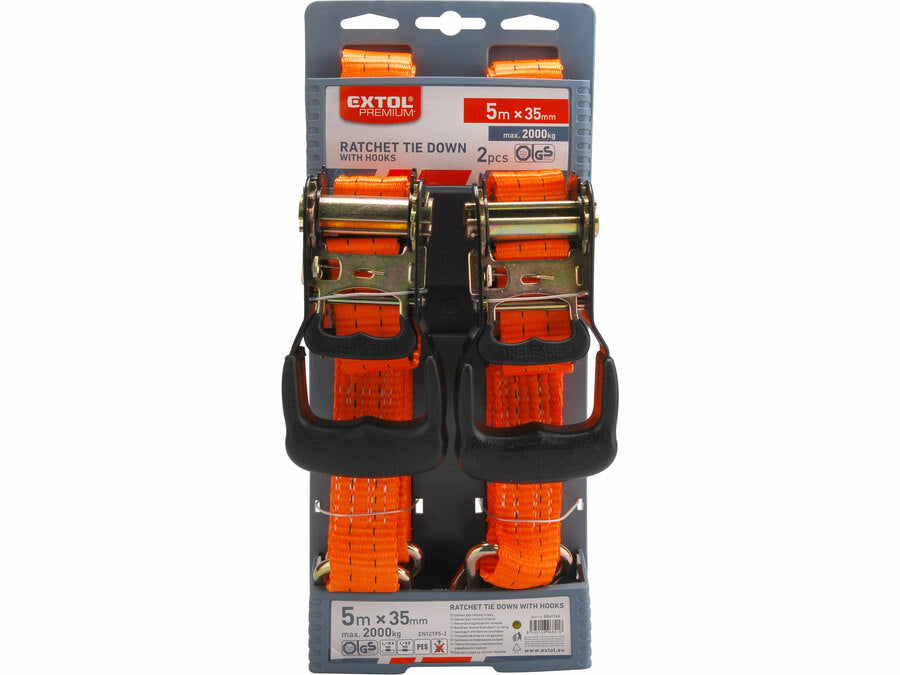 Extol Racsnis rakományrögzítő gurtni kampókkal, 5m x 35mm, 2db-os készlet, max. 2000kg