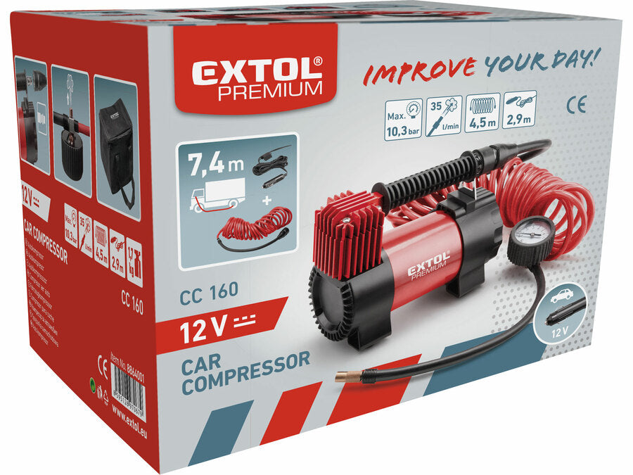 Extol 12V-os autós kompresszor táskában, tartozékokkal, 12V, 10,3bar