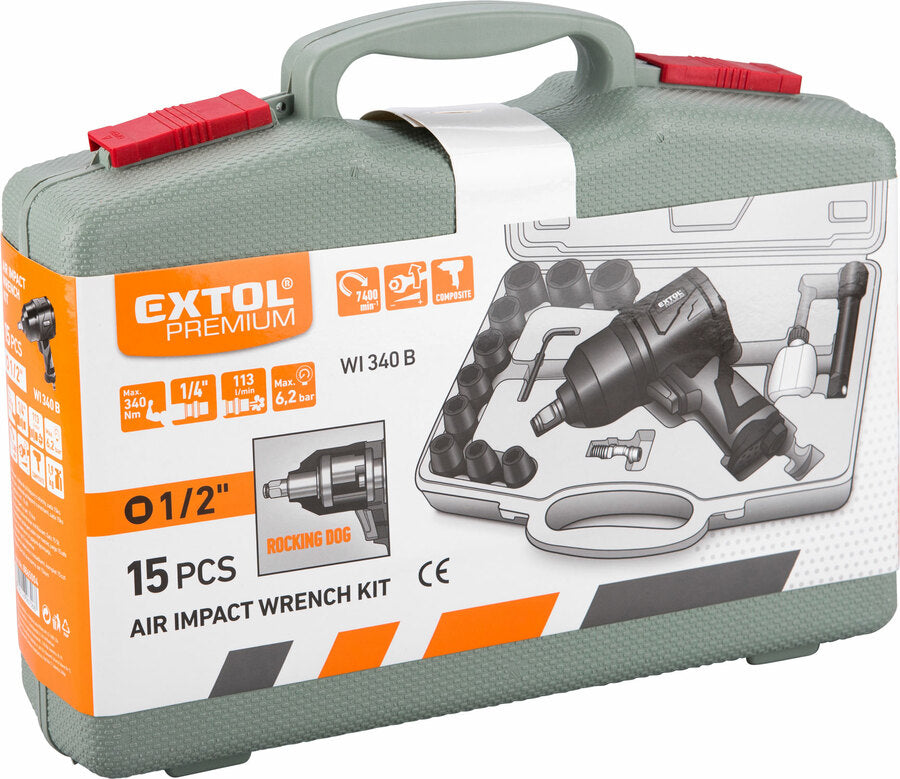 Extol Légkulcs, kompozit, pneumatikus, 340Nm-es ütőszerkezet, 15db-os készlet
