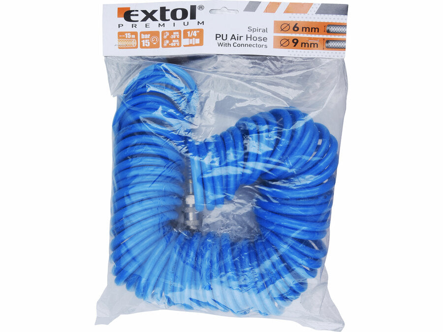 Extol Légtömlő spirál PU, sárgaréz gyorscsatlakozókkal, 1/4", belső O 6mm, hossz 15m
