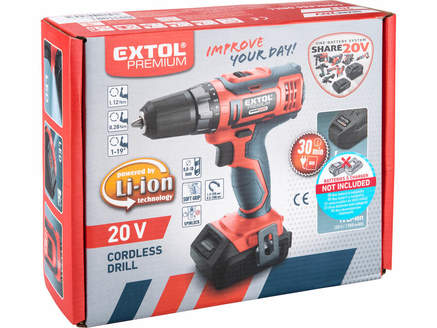Extol Akkus fúrócsavarozó SHARE20V, 20V Li-ion, akkumulátor és töltő nélkül