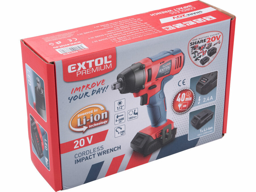 Extol Akkus ütvecsavarozó, 1/2" négyszög, SHARE20V, 180Nm, 20V Li-ion, 2000mAh