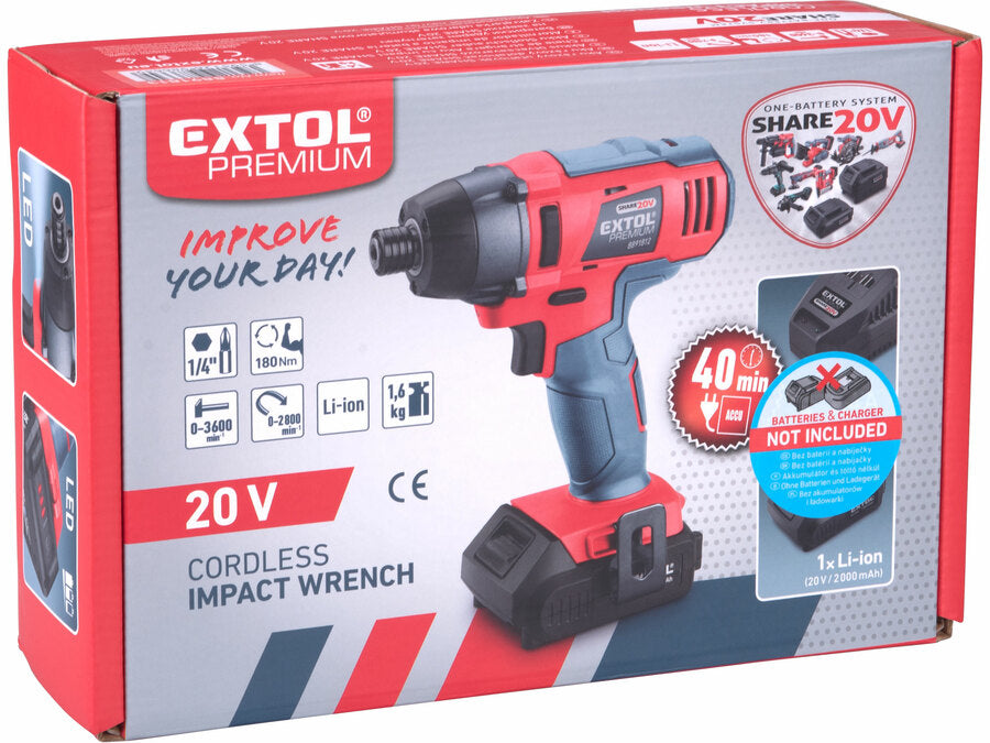 Extol Akkus ütvecsavarozó, 1/4" hatszög, SHARE20V, 20V Li-ion, akku és töltő nélkül
