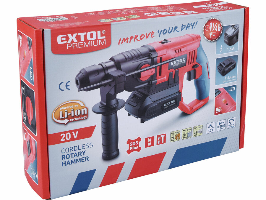 Extol Akkus ütvefúró SHARE20V, 1,2J, SDS plus, 20V Li-ion, 2000mAh