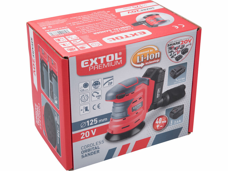 Extol Akkus rotációs (excentrikus) csiszoló SHARE20V, 125mm, 20V Li-ion, akku és töltő nélkül