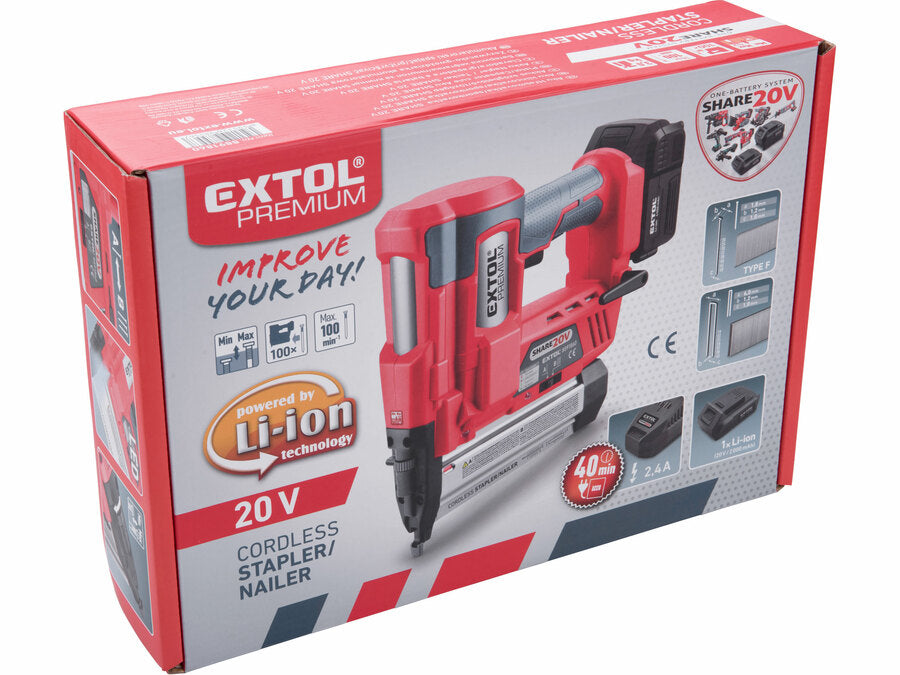 Extol Akkus szög- és kapocs belövő gép, SHARE20V, 20V Li-ion, akku és töltő nélkül