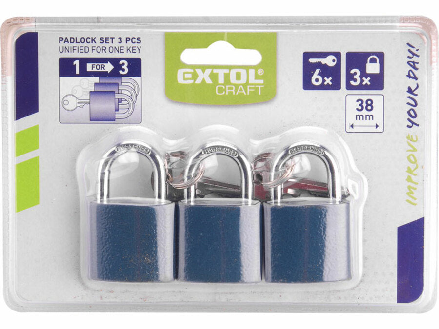 Extol Biztonsági réz lakat 1 kulccsal mindegyikhez, 3db-os, 38mm