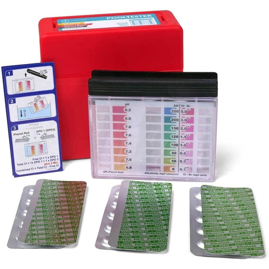 Medence vízelemző, Pooltester PT500, fehér, tablettás, klór mérés, pH mérés, bróm mérés, lúgosság mérés
