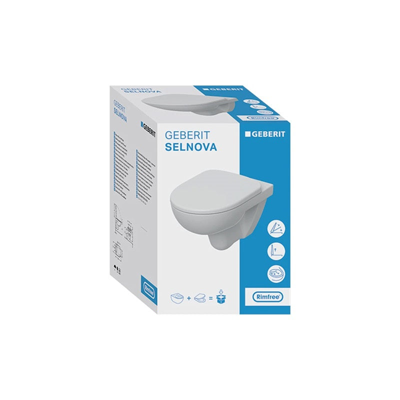 Geberit Selnova mélyöblítésű fali WC készlet 53 cm, Rimfree, lecsapódásgátlós, gyorskioldós WC-ülőkével, felső rögzítésű