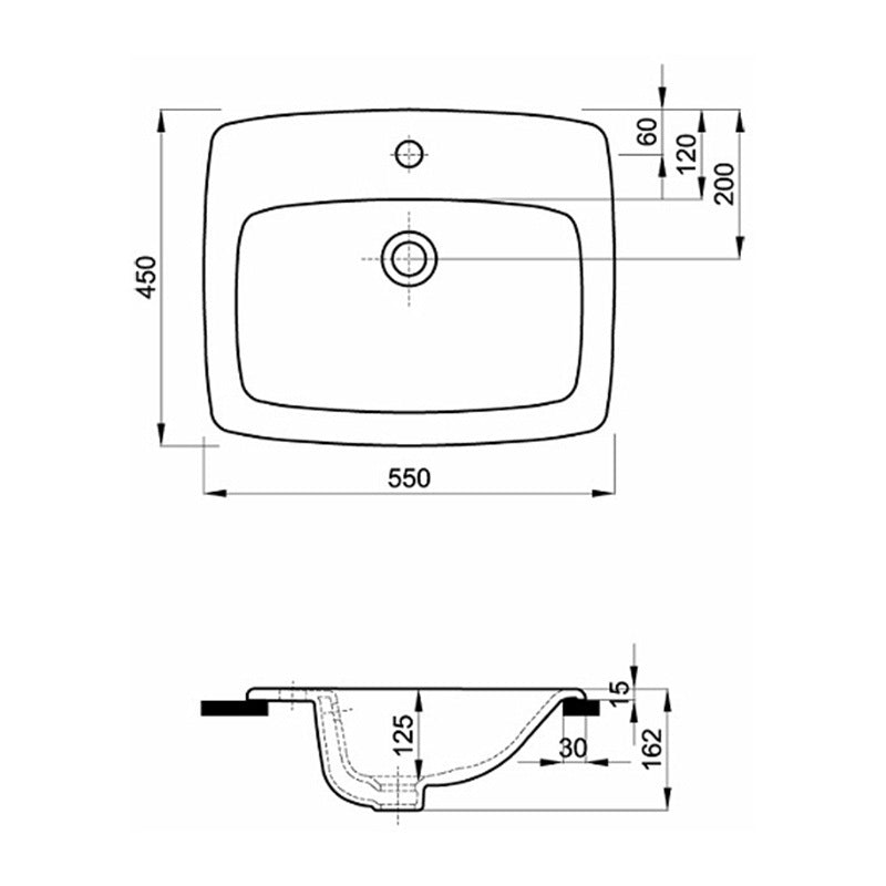 Geberit Selnova Square beépített mosdó, 55x17.3x45 cm, csaplyuk középen, túlfolyóval