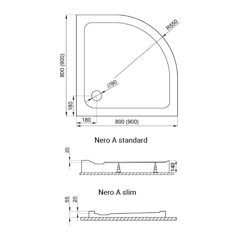 H2O Nero A 80x80 íves, akril zuhanytálca ajándék szifonnal