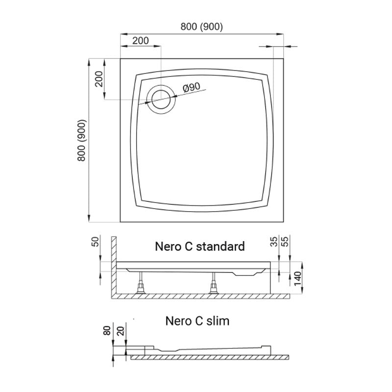 H2O Nero C 80x80 szögletes, akril zuhanytálca ajándék szifonnal