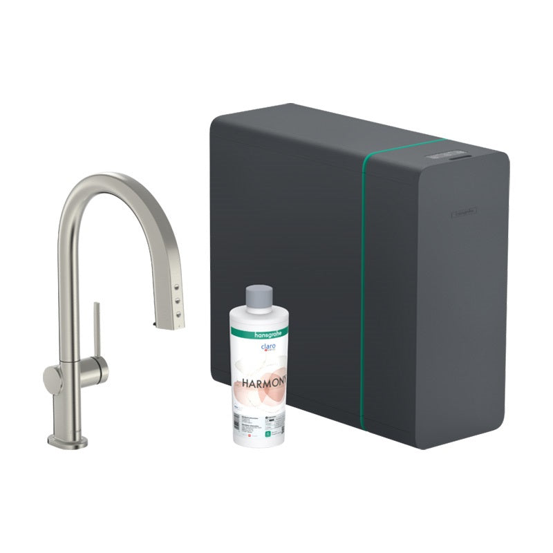 Hansgrohe Aqittura M91 Vízszűrős konyhai csaptelep és szódakészítő rendszer 210, kihúzható zuhanyfejjel, 1jet, rozsdamen