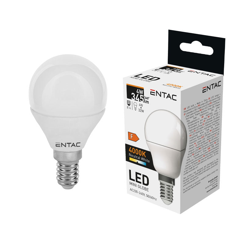Izzó led E14 gömb mini 4W 4000K semleges 345Lm fehér Entac