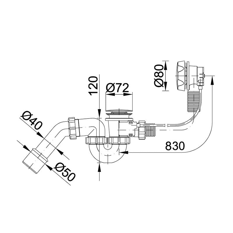 Styron automata kádszifon, fehér, 83 cm hosszú bowdennel