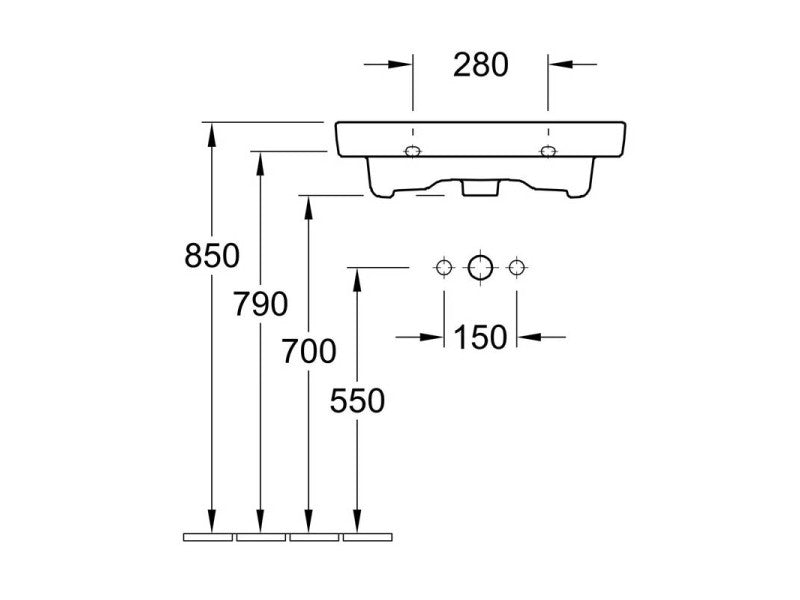 VILLEROY & BOCH O.NOVO MOSDÓ SZÖGLETES, KÖZÉPSŐ CSAPLYUKFURAT KIÜTVE, TÚLFOLYÓVAL, 60X46