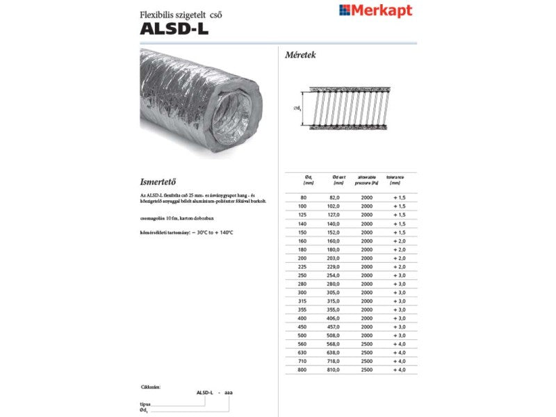 ALNOR ALUMINIUM FLEXIBILIS CSŐ, SZIGETELÉS 25MM, PERFORÁLT, -20C° +140C°, 10M/SZÁL, D080