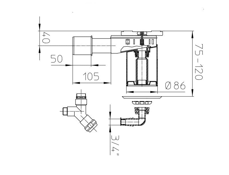 HL 406 MOSÓGÉPSZIFON FALBA SÜLLYESZTVE, DN40/50, 1/2" LÉGBESZÍVÓS SAROKSZELEPPEL, NEMESACÉL FEDÉL