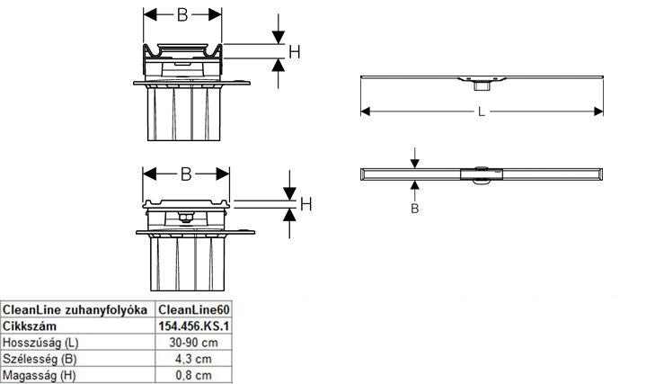 GEBERIT CLEANLINE60 ZUHANYFOLYÓKA FÉNYES/ROZSDAMENTES 30-90CM