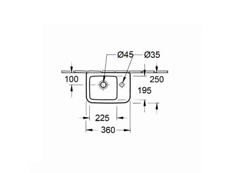 VILLEROY & BOCH O.NOVO KÉZMOSÓ SZÖGLETES, CSAPLYUKFURAT KIÜTVE A BAL OLDALON, TÚLFOLYÓVAL, 36X25