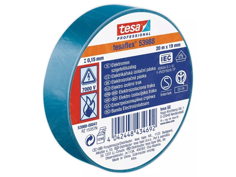 TESA SZIGETELŐSZALAG ELEKTROMOS EGYESÉVEL ZSUGOROZVA, KÉK 20M:19MM