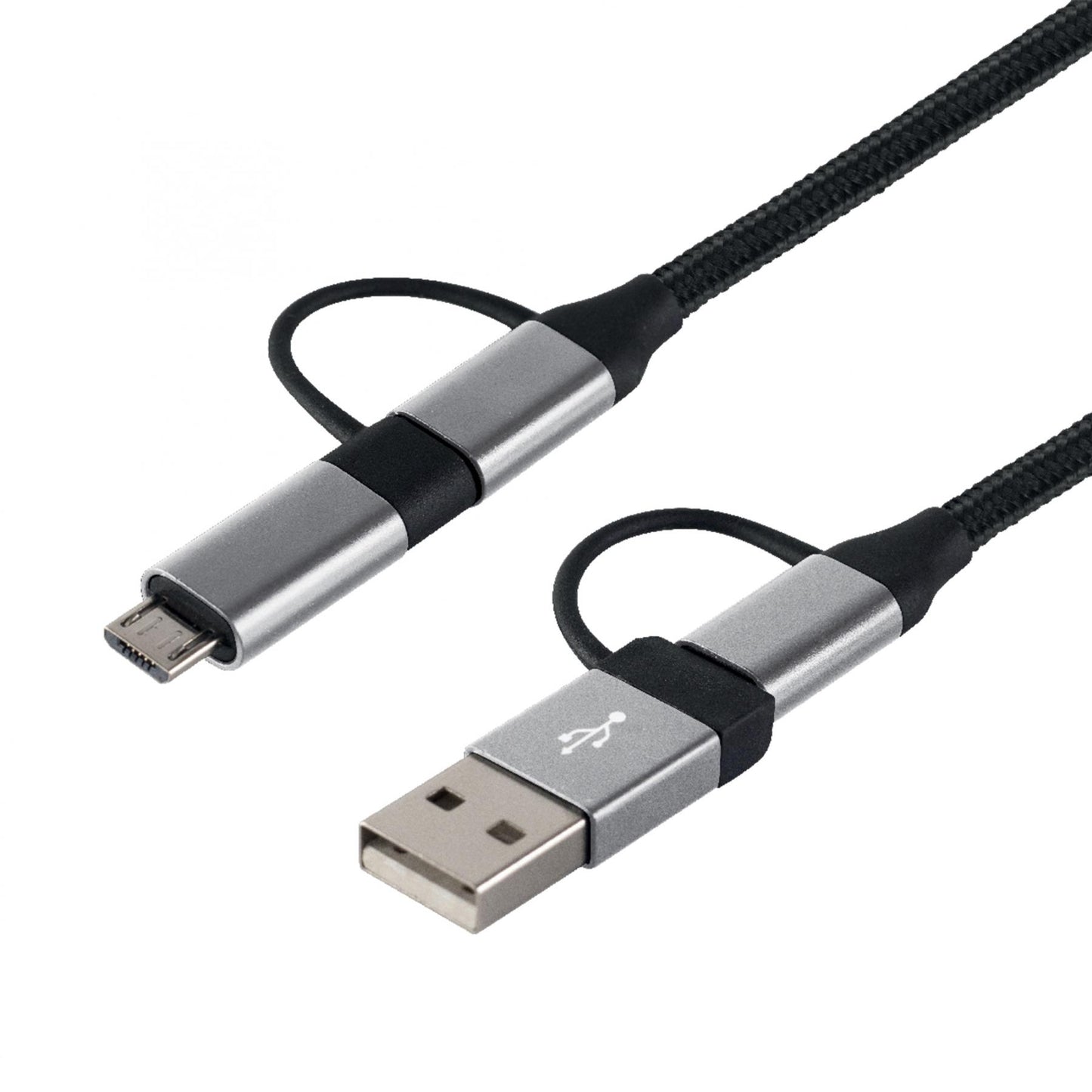 Home USB MULTI 4in1 töltőkábel, USB-C, microUSB, USB-A, QC, PD, szőtt nejlon, 480 Mbps, 60Wmax, 1,5m vezeték