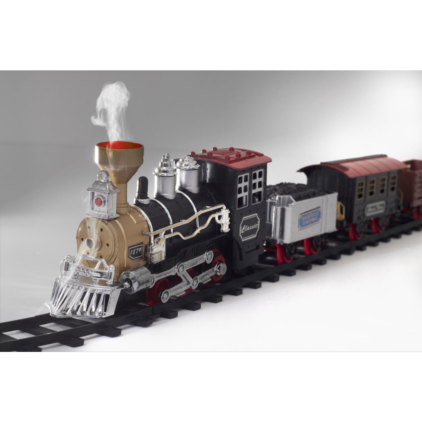 HOME TRN 01 elemes kisvasút, 1 mozdony és 3 vagon, vízgőzt képez, piros LED világítás, hanghatás, 47 cm-es pálya