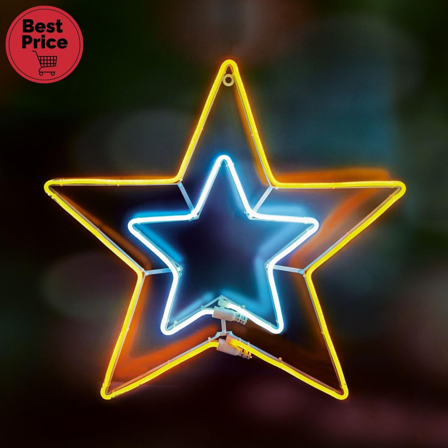 Home NEON 3 csillag figura, LED-es neon fény, villogó funkció, két oldalú, fém váz, IP44, kültéri, beltéri, jégkék, napsárga