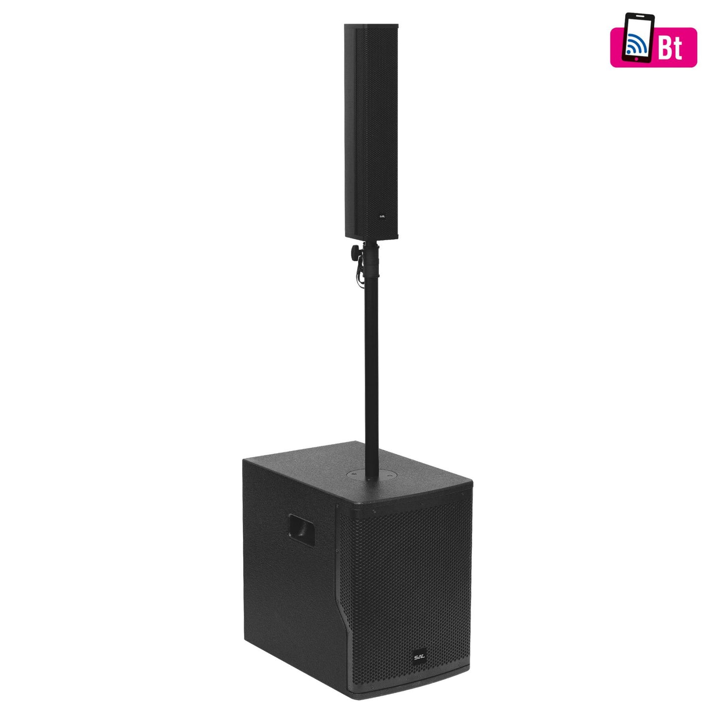 SAL PAS10W43S professzionális oszlopsugárzó hangrendszer, max. 800 W, 25cm mélysugárzó, 4x3” szélessávú satellit hangszóró, aktív zenekari hangdoboz, Bluetooth, fém állvány