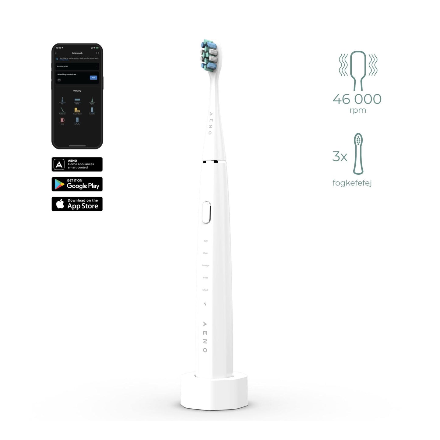 AENO ADB0001S DB1S intelligens szónikus fogkefe, 46000 rezgés/perc, SMART, 4 üzemmód, 3 felhasználó, akkumulátoros, IPX7