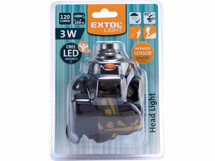 Extol LED fejlámpa, 3 W, CREE XPE, 120 Lumen; szenzorral, cseppálló, 3 funkció